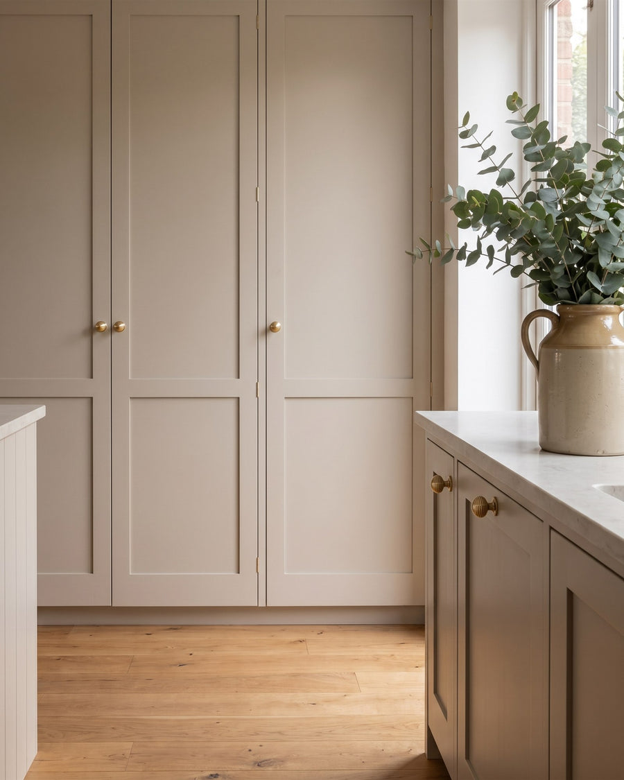 Tall putty painted larder cupboards with small round satin brass knobs beside a stone worktop and a jug of eucalyptus