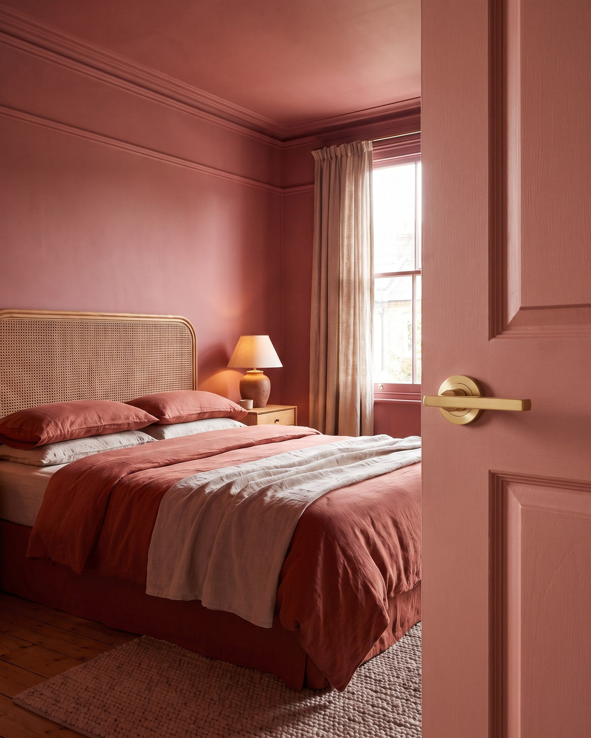 Colour-drenched rose and earth bedroom with terracotta linen, seen past a clay pink door with a satin brass Jet lever