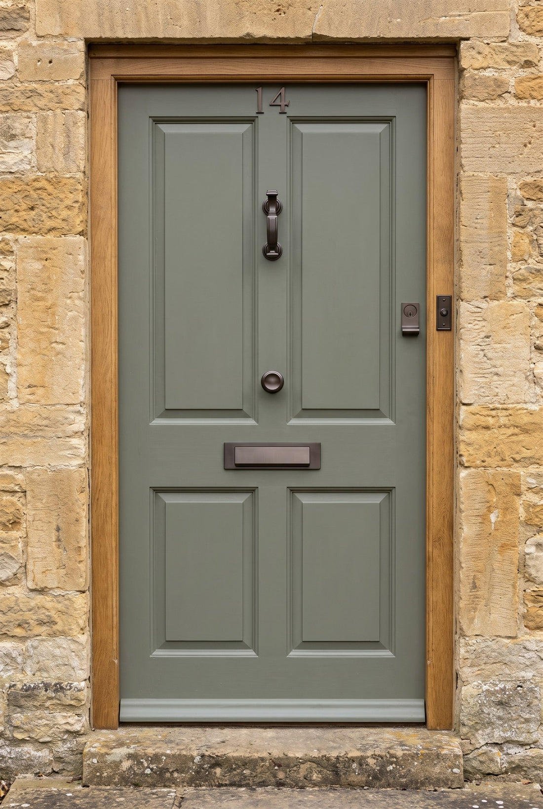 Sage green four-panel front door in an oak frame and Cotswold stone wall with matt bronze numbers, doctor knocker, centre knob, letter plate, cylinder pull and bell push