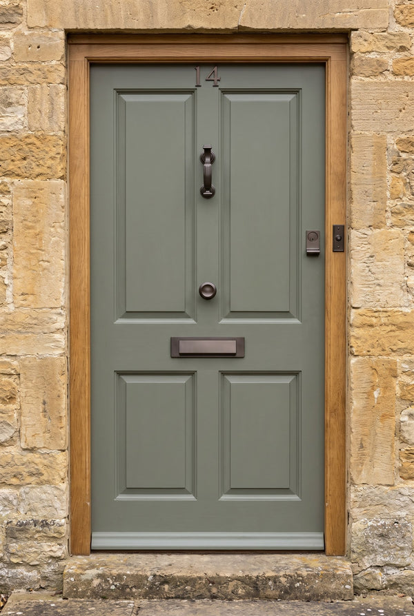 Sage front door with matt bronze knocker, knob and letter plate