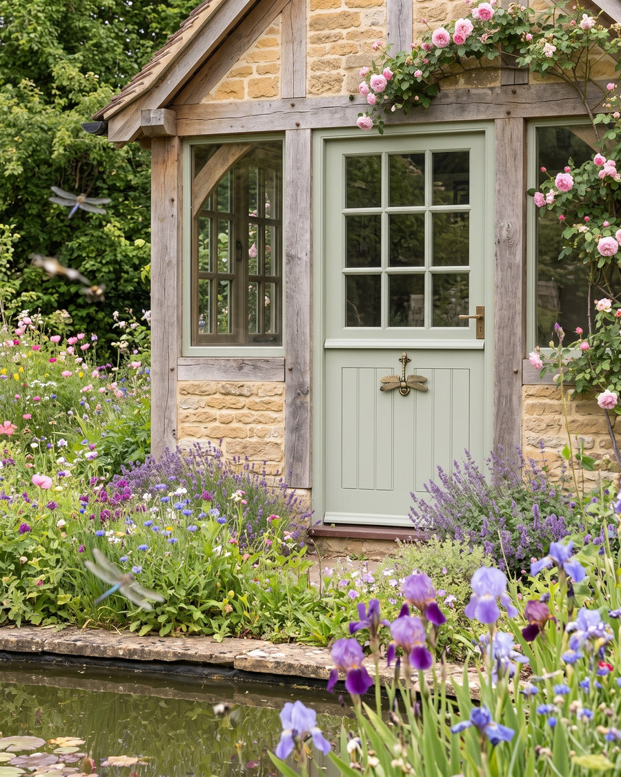 Sage green garden room door with an antique brass dragonfly knocker, beside a wildflower garden and a pond edged with irises