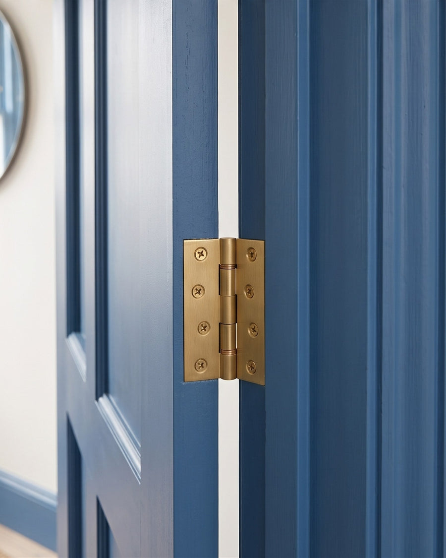 Satin brass butt hinge joining a mid-blue door to its blue painted architrave