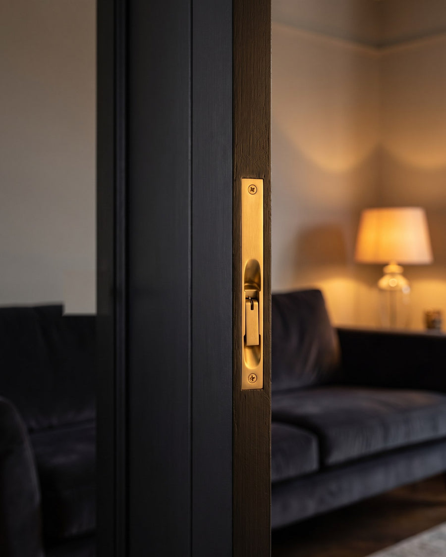 Satin brass flush bolt set into the edge of a dark double door, drawing room with velvet sofa and lamp beyond