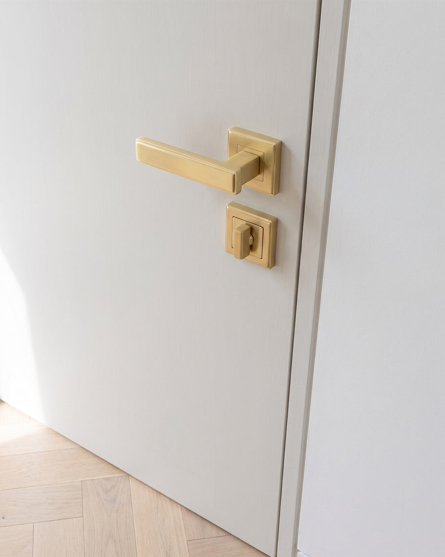 Satin brass linear lever above a square turn on a putty white flush cloakroom door in the extension