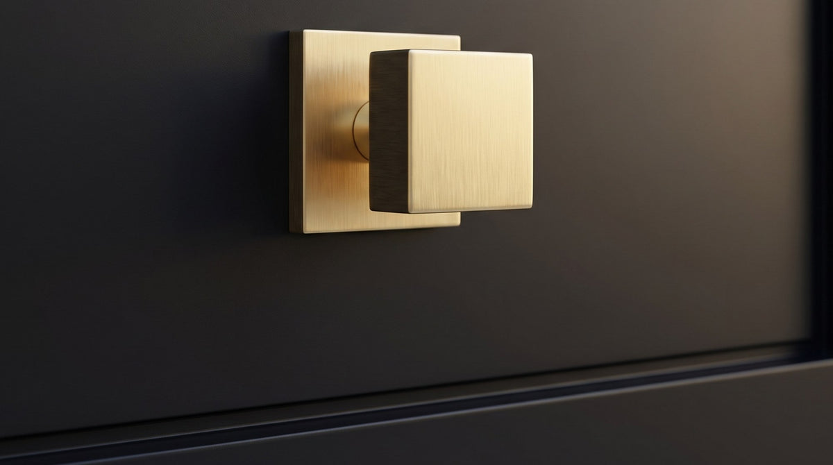 Square satin brass centre door knob on a square rose against a matt near-black front door