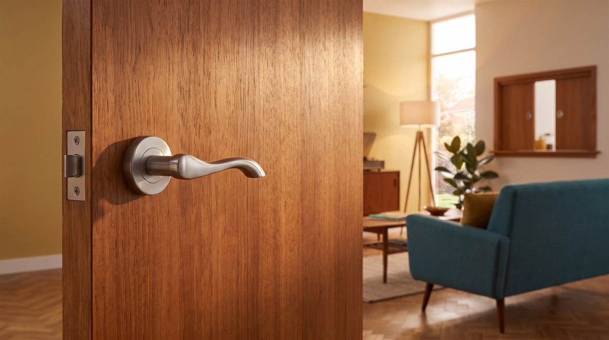 Satin chrome Aurora scroll lever on rose on a teak-veneered flush door in a 1950s house