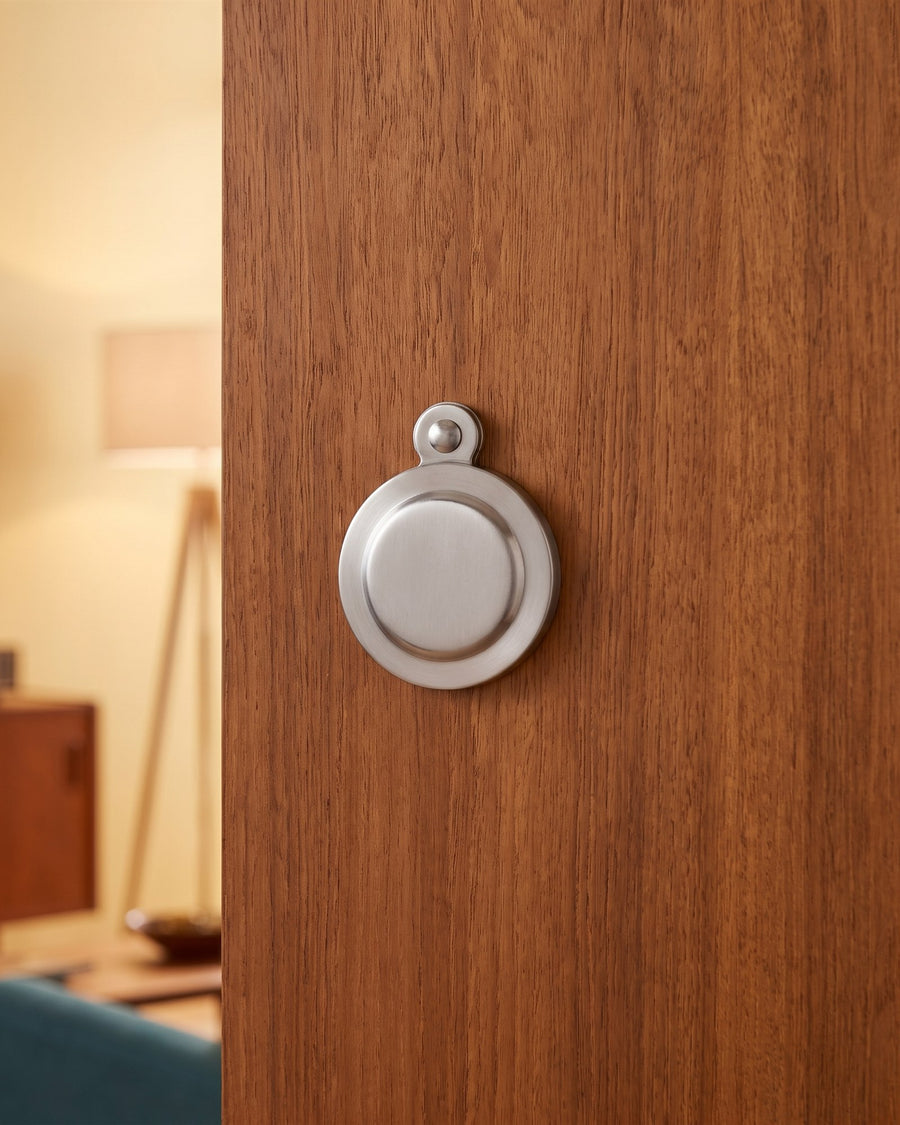 Satin chrome covered keyhole escutcheon on a teak-veneered cupboard door