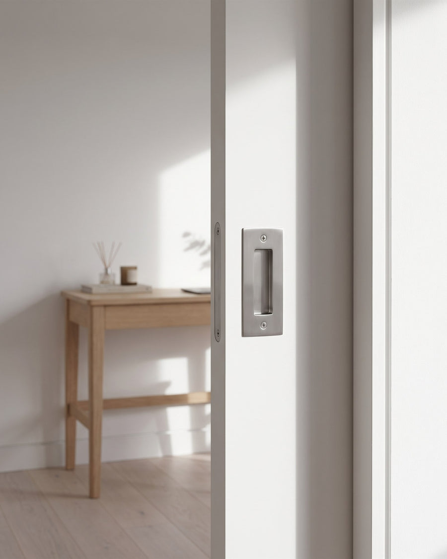 Satin chrome rectangular flush pull set into a white pocket door half slid into the wall beside a pale oak desk