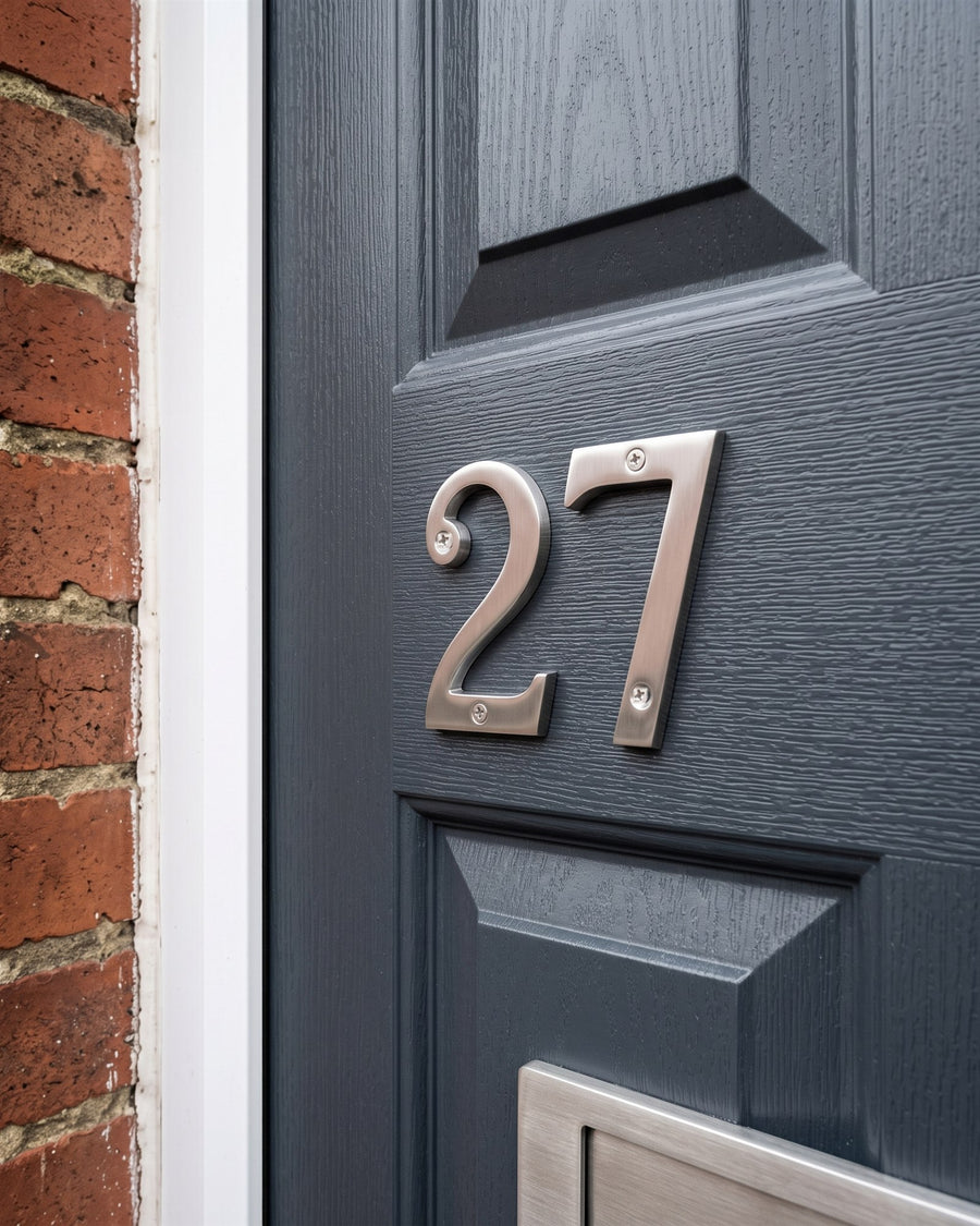 Satin chrome serif house numbers 27 screw-fixed to a woodgrain anthracite grey composite door beside red brick