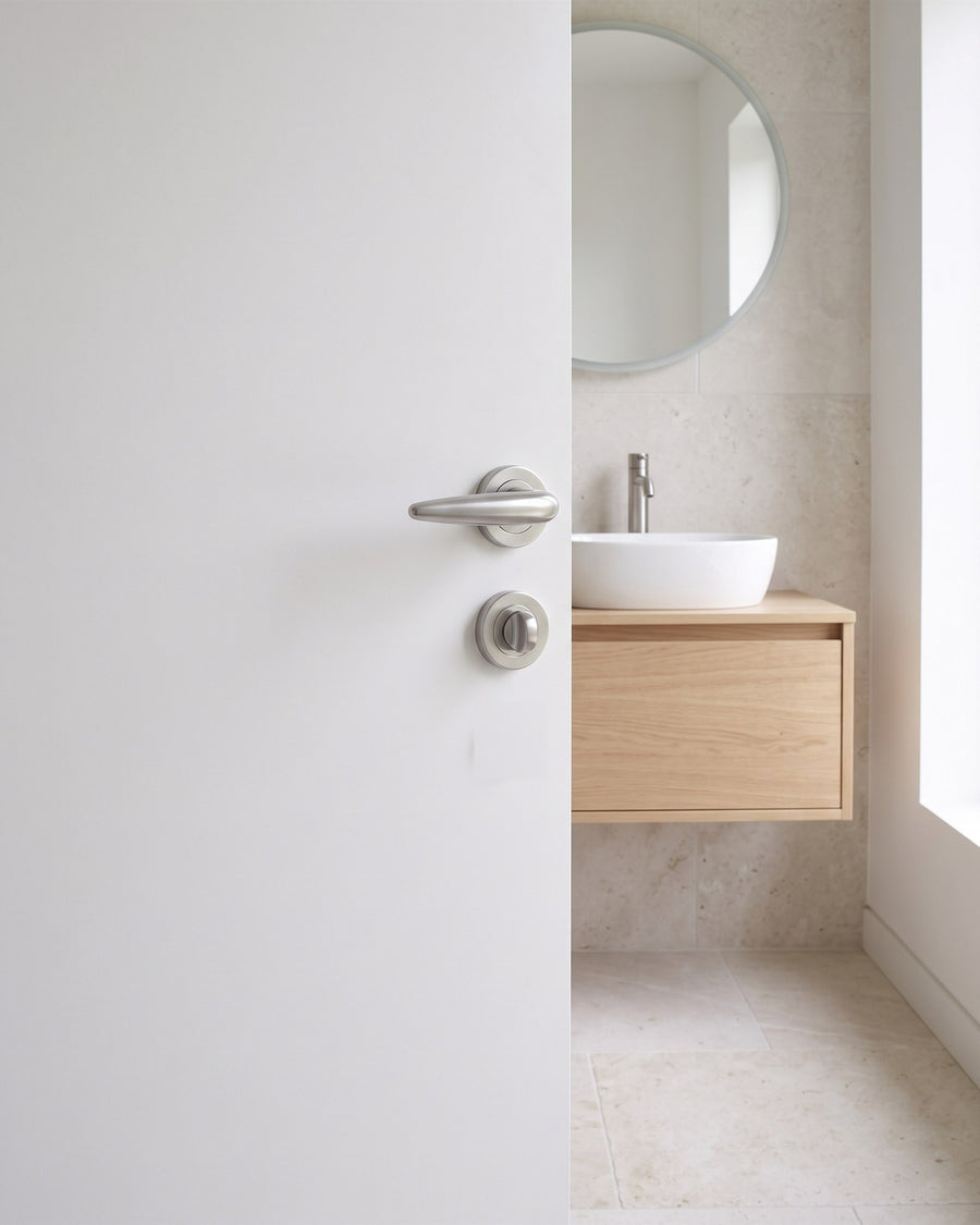Satin chrome teardrop lever above a thumbturn on a flush white bathroom door, an oak vanity and round mirror beyond