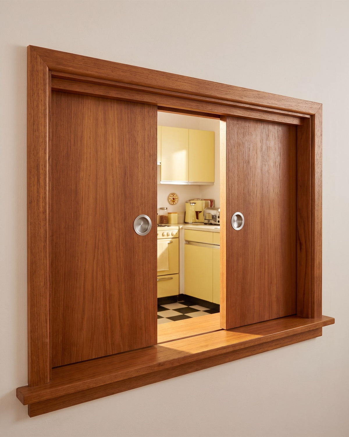 Teak serving hatch with sliding doors fitted with round satin chrome flush pulls, a primrose 1950s kitchen beyond