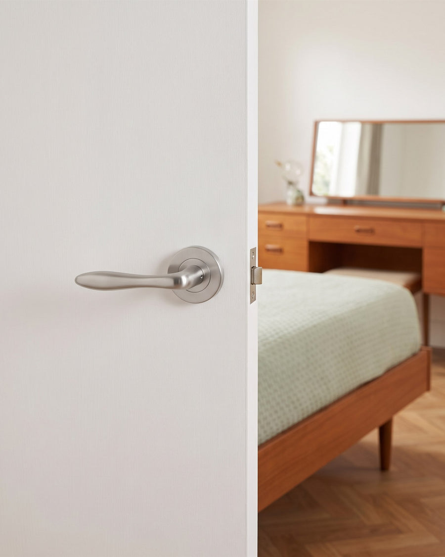 Satin chrome Sutton plain lever on rose on a white flush bedroom door, teak bed and dressing table beyond