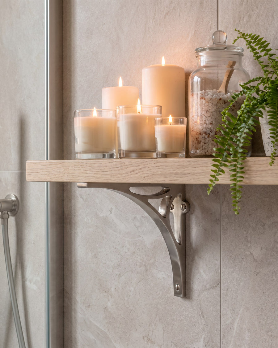 Satin nickel bridge shelf bracket under a pale oak shelf holding candles, bath salts and a trailing fern against stone-effect tiles