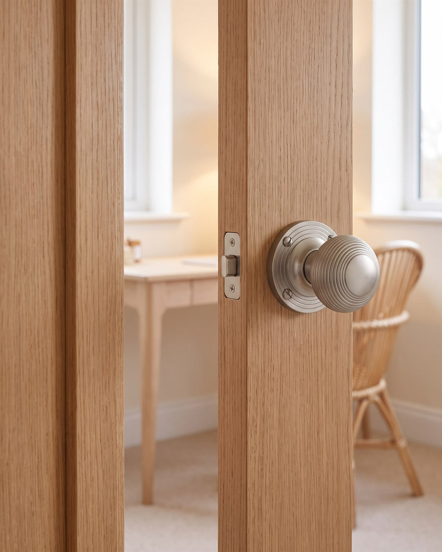 Satin nickel reeded mortice knob on a half-open oak veneer door to a home office with a pale oak desk and rattan chair