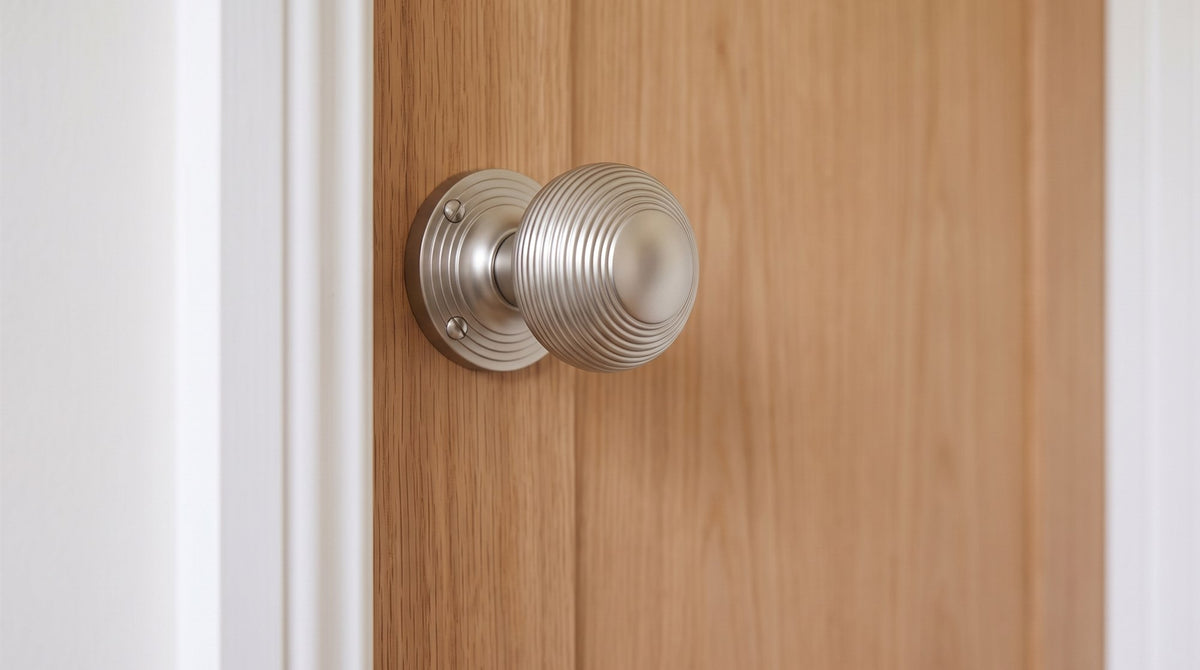 Satin nickel reeded mortice knob on a reeded rose on a natural oak veneer shaker door