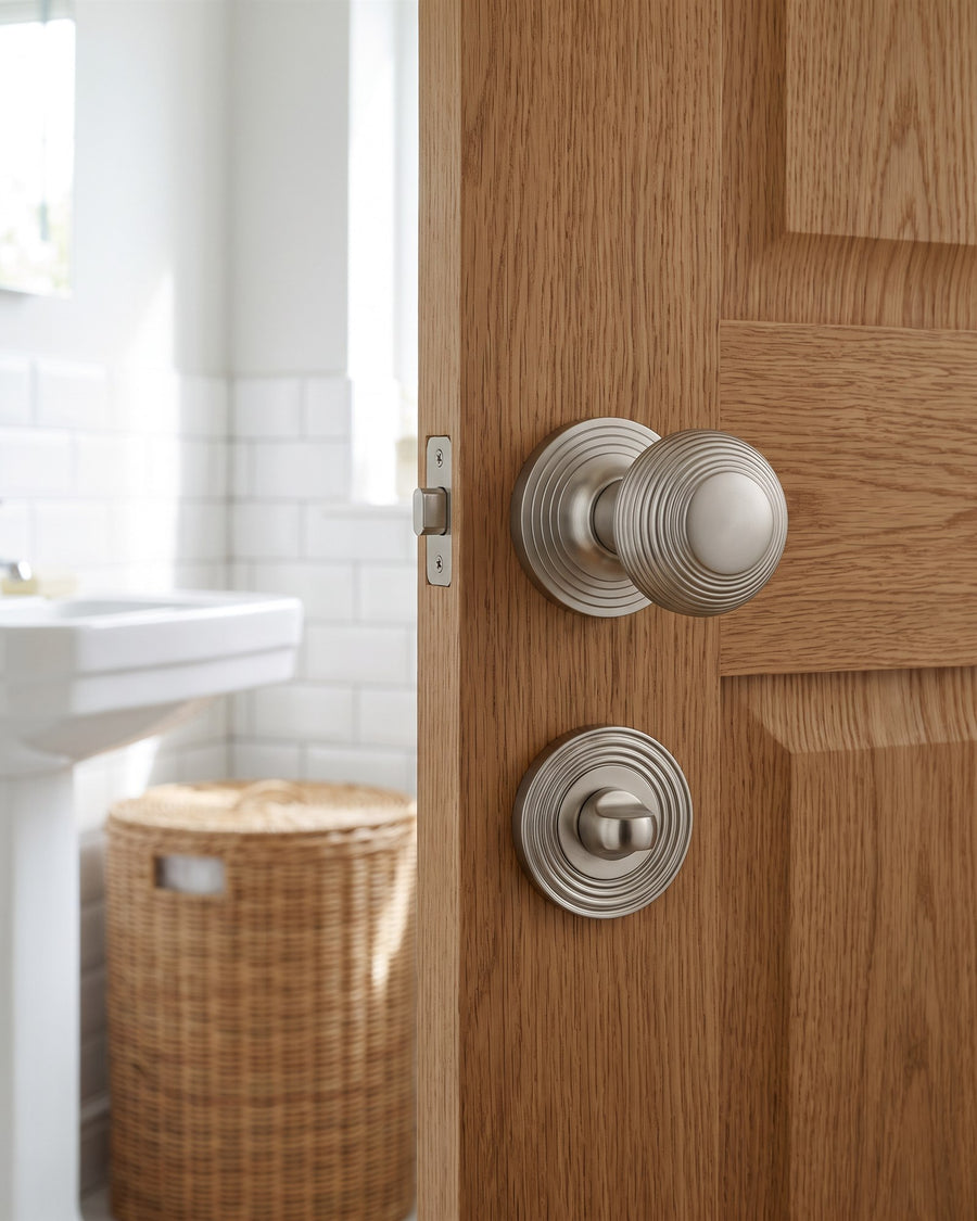 Satin nickel reeded mortice knob above a satin nickel reeded turn and release on an oak veneer bathroom door, with white metro tiles and a rattan basket beyond