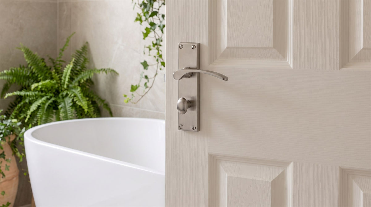 Satin nickel Sophia bathroom lever and thumbturn on a warm white bathroom door, with a freestanding bath and stone tiles behind