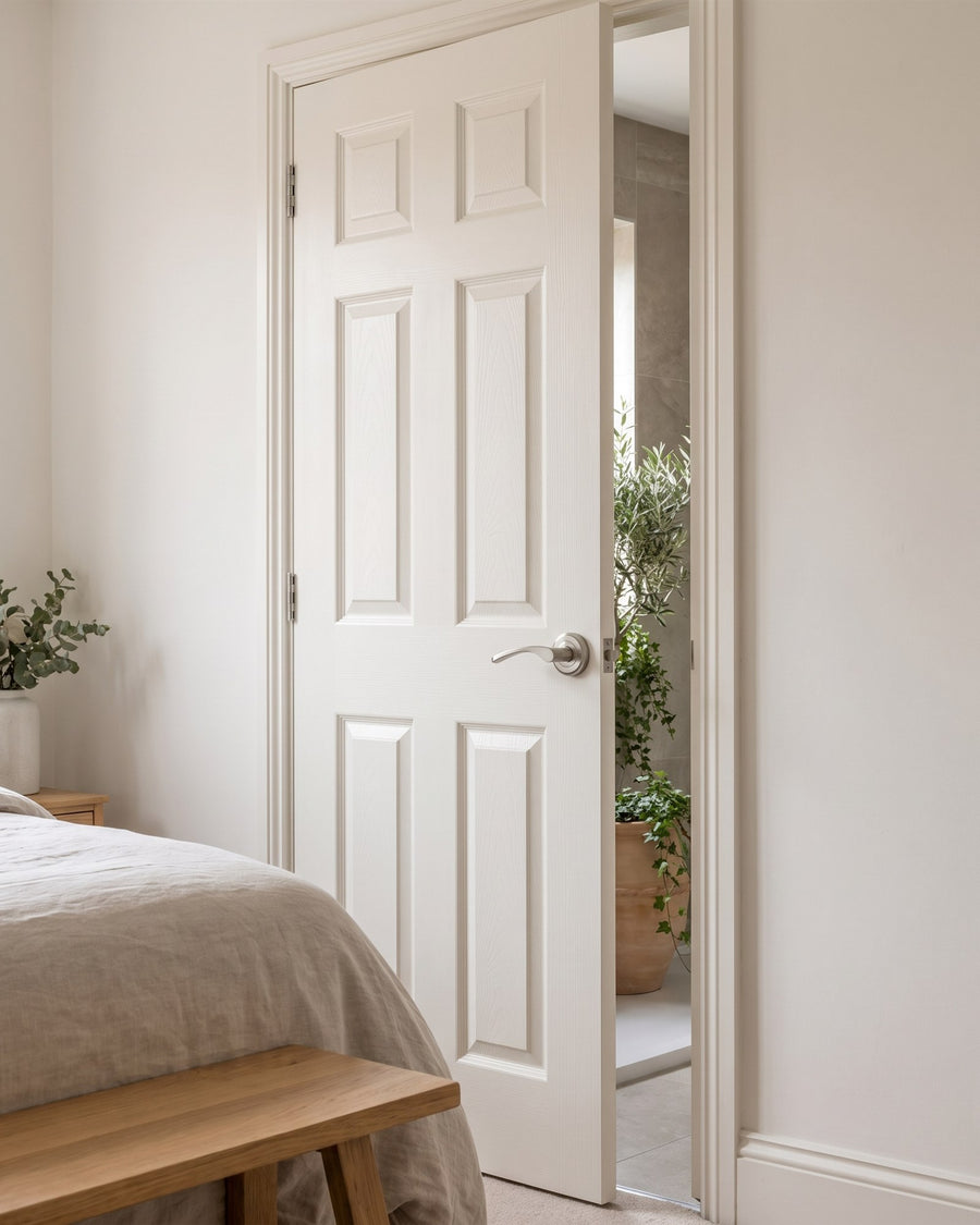 Warm white six-panel en-suite door fitted with a satin nickel Sophia lever on rose, opening from a calm bedroom into a stone-tiled bathroom
