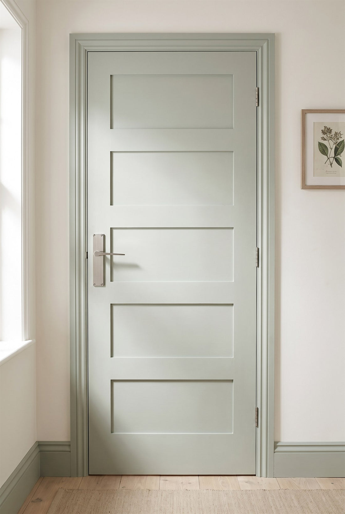 Silvery sage five-panel 1920s door on a landing with warm white walls and pale oak floor, fitted with a satin nickel Gio lever on a reeded plate