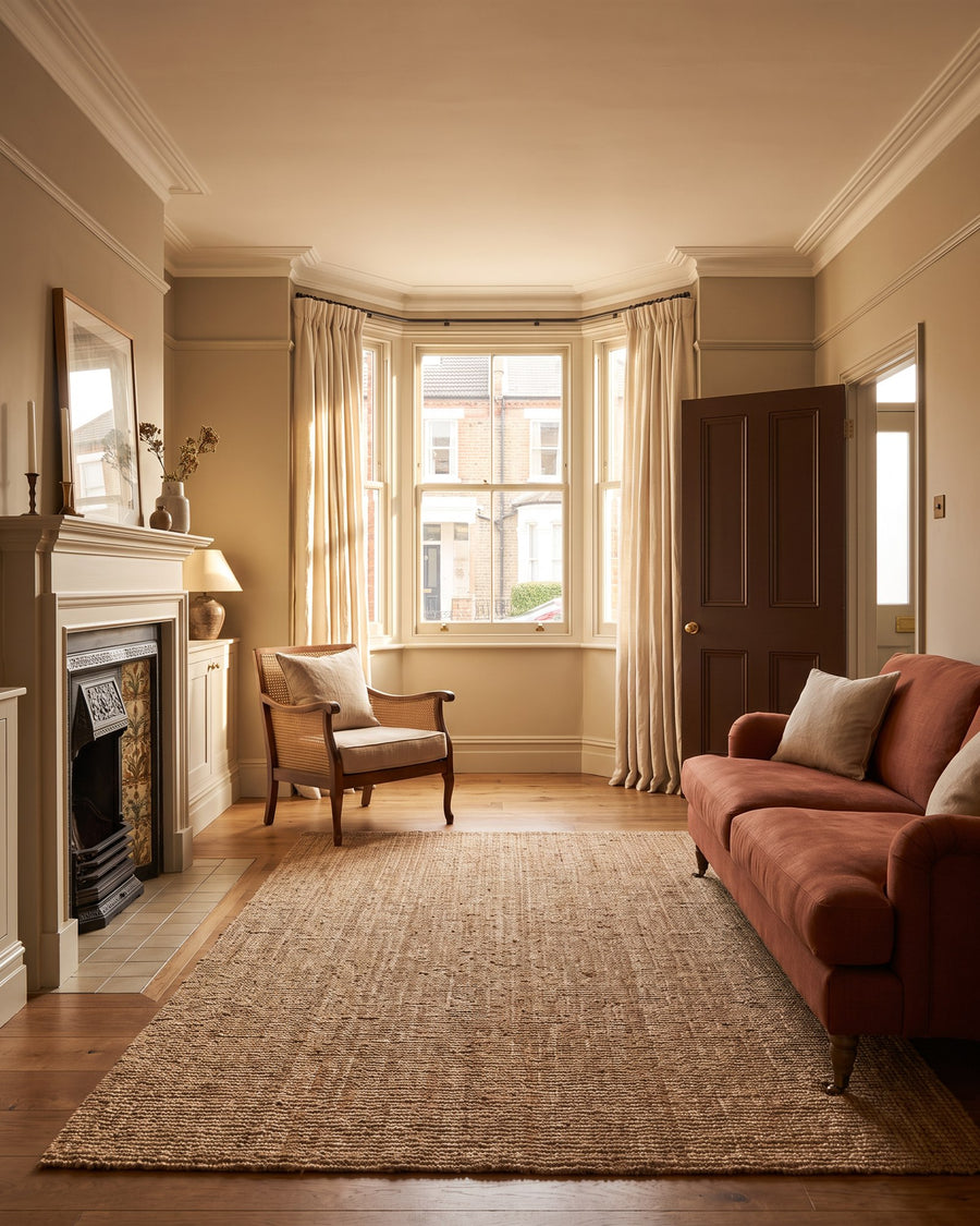 Edwardian sitting room with a rust linen sofa, cane armchair, cast iron fireplace, jute rug and bay window, a chocolate brown door with an antique brass knob