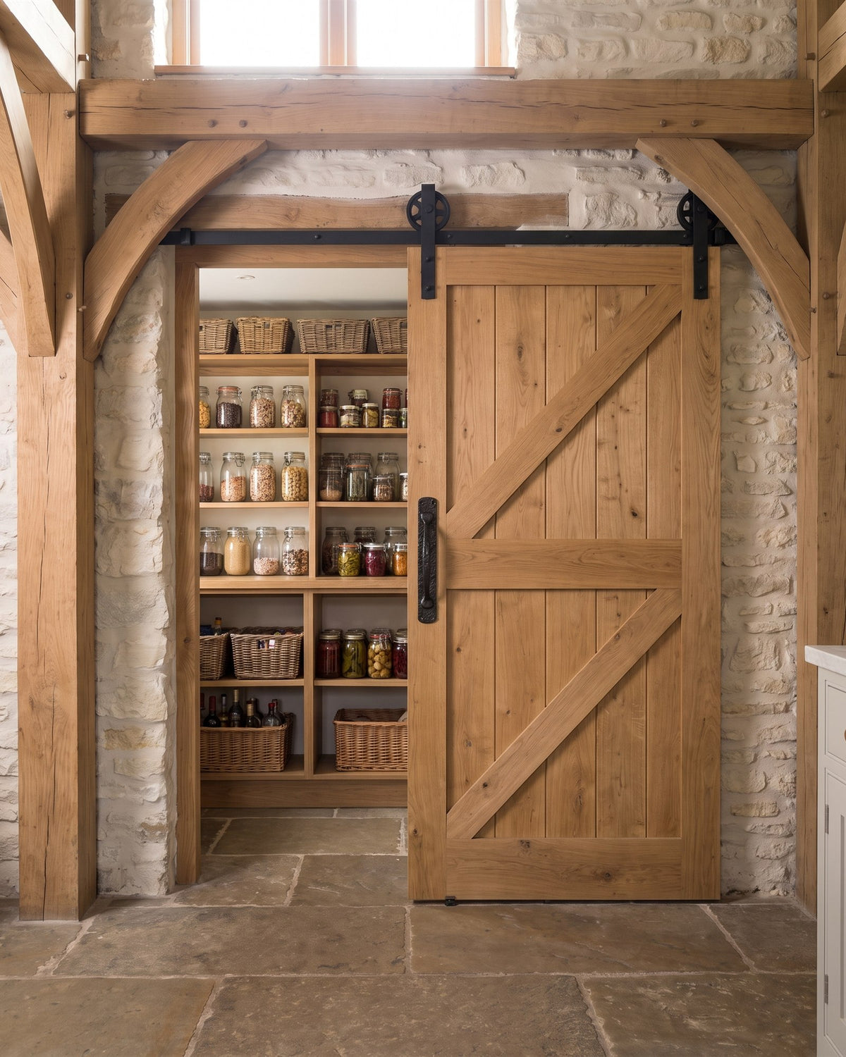 Sliding oak barn door on a black top track with a black iron offset pull, half open onto a pantry of jars and baskets