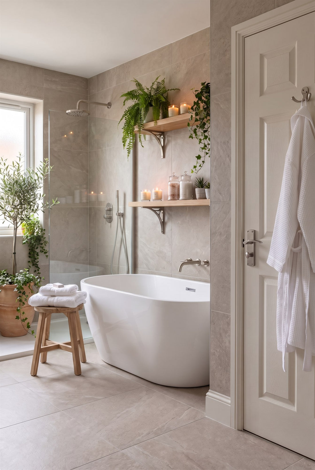 Spa-style bathroom with warm stone tiles, a freestanding bath and walk-in shower, an oak shelf on satin nickel bridge brackets, and a warm white door with a satin nickel Sophia bathroom handle and double robe hook