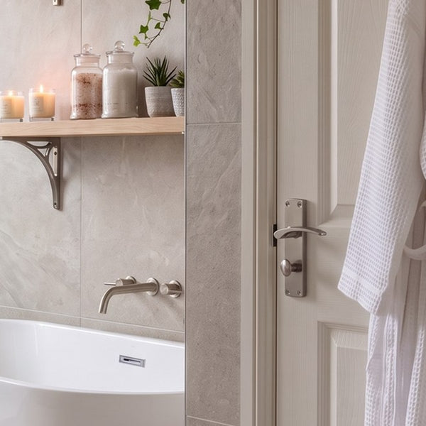 Bathroom door with a satin nickel lever handle