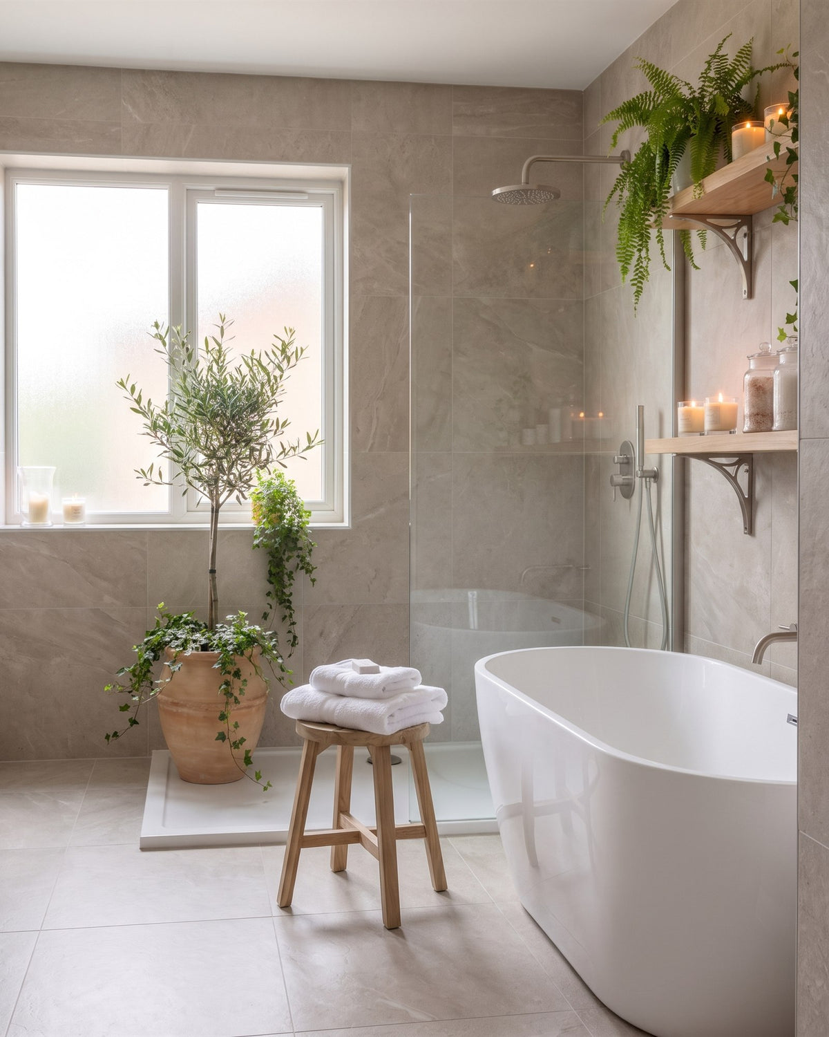 Spa-style bathroom with a freestanding bath, walk-in shower with frameless glass, an olive tree by the frosted window and an oak stool with towels