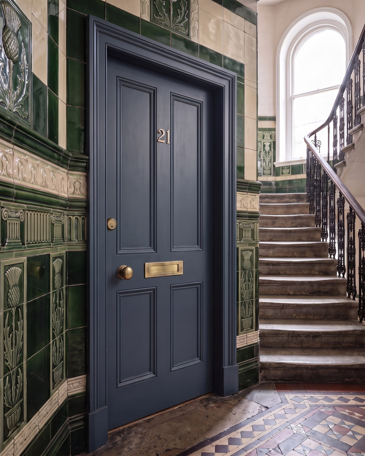 Blue-grey tenement flat door with antique brass numbers, letter plate, knob and key cylinder, in a close lined with green Victorian wally tiles