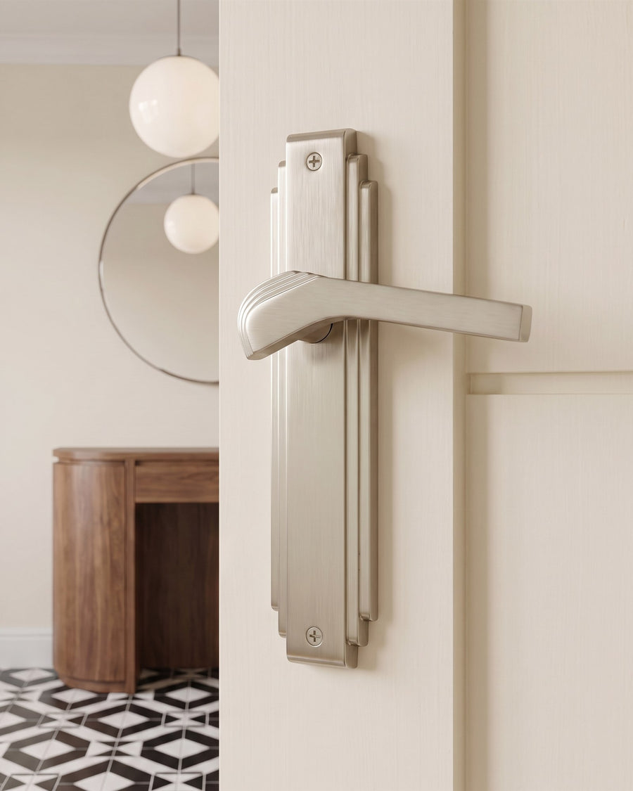 Close-up of a satin nickel Tiffany Art Deco lever with a stepped backplate and ringed base on a cream hall door, geometric floor tiles beyond
