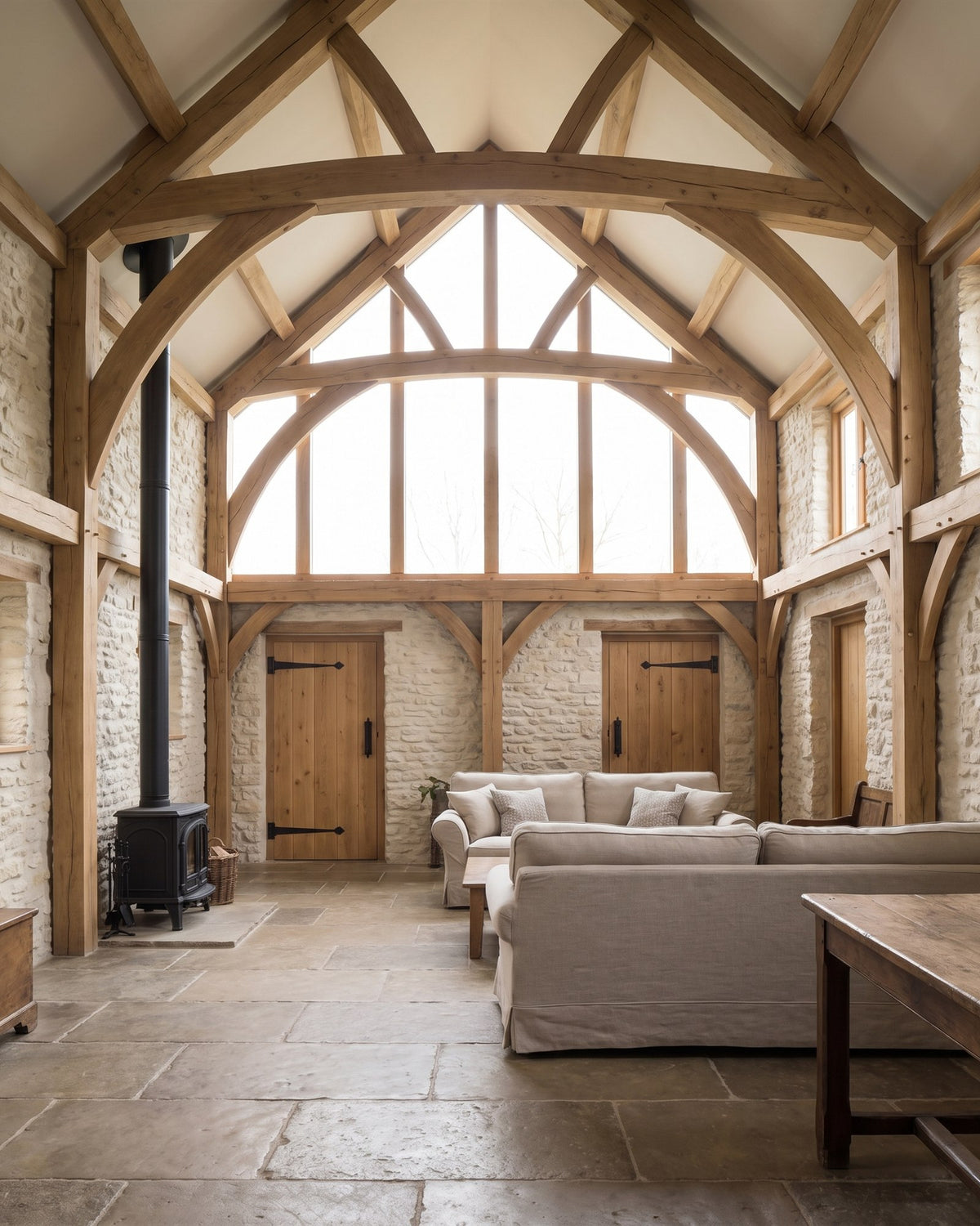 Vaulted barn conversion with an oak frame and glazed gable, limewashed stone walls, Yorkstone flags, a wood burner and two oak ledged doors with black iron hardware