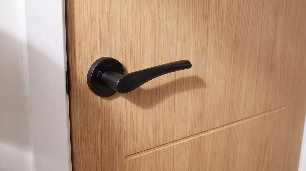 Matt black Vecta lever with a flat twisted blade on a slim round rose, on a natural oak veneer internal door
