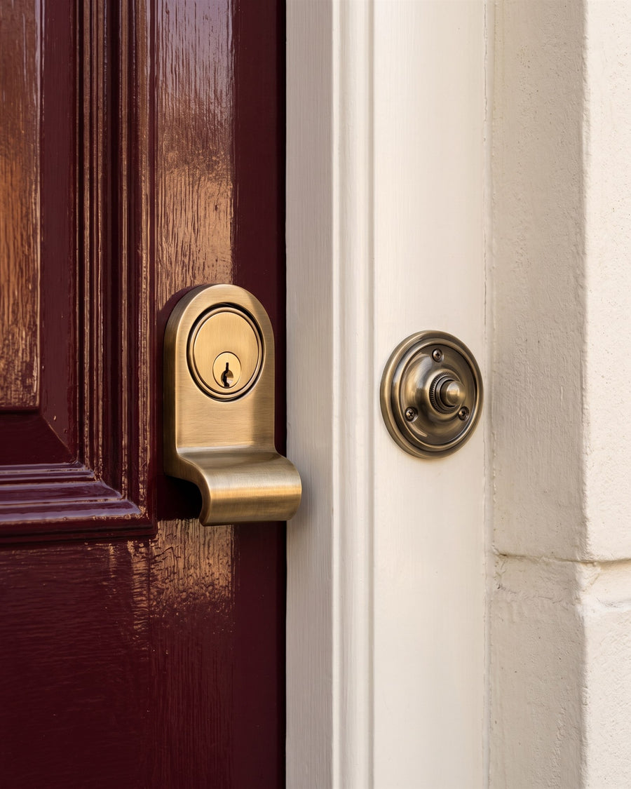 Antique brass cylinder pull on an oxblood door beside an antique brass round bell push on the cream stone surround