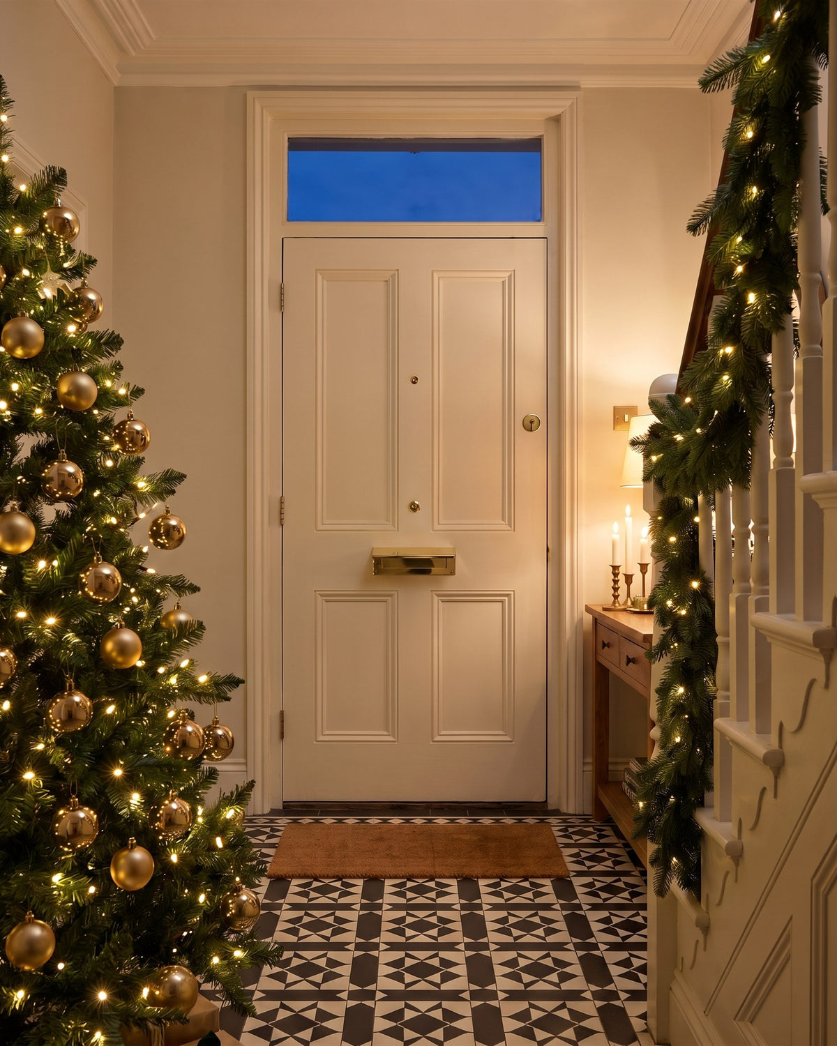 Victorian hallway at Christmas with a gold-baubled tree, garlanded staircase and black and white tiled floor, looking back at the inside of the front door and its polished brass letter tidy