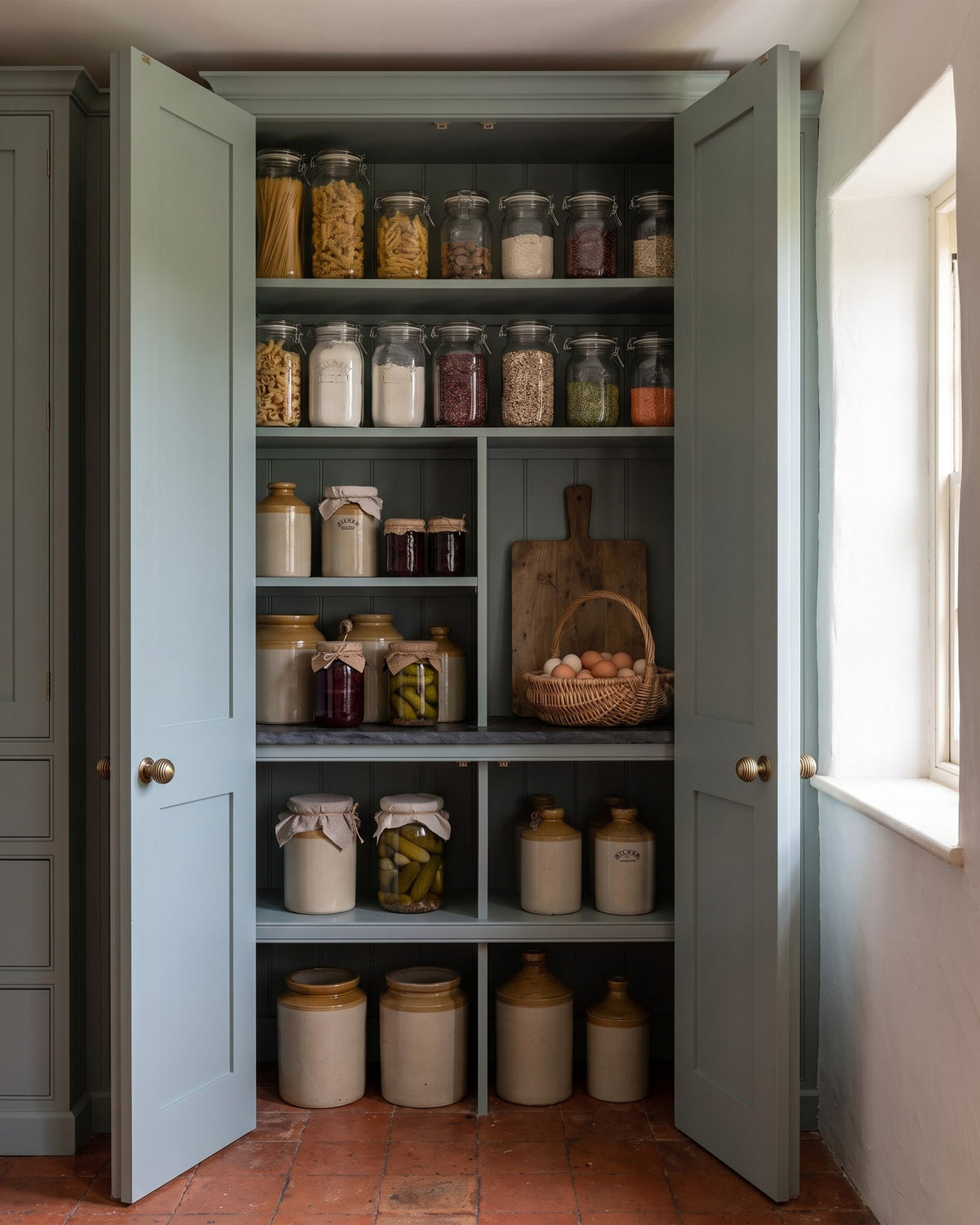 Walk-in pantry with tall painted doors open on shelves of glass jars, preserves and stoneware, each door with an antique brass reeded knob