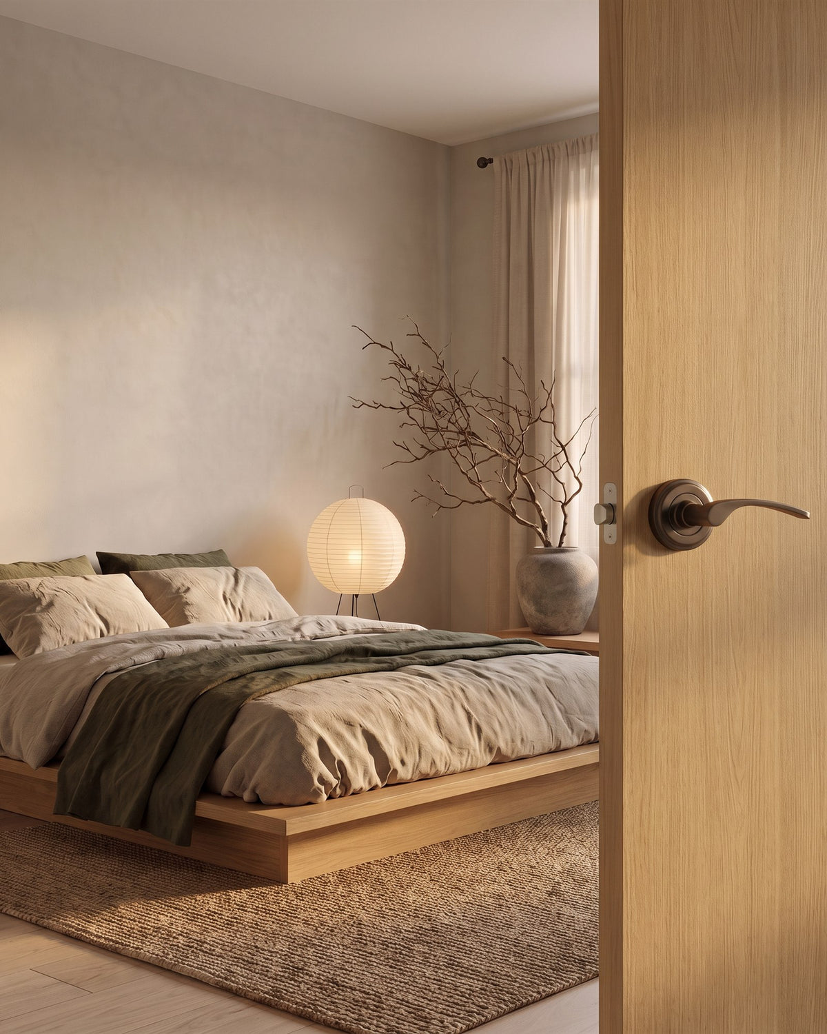 Warm Japandi bedroom with a low oak bed and paper lantern, seen past an oak door with a matt bronze Sophia lever