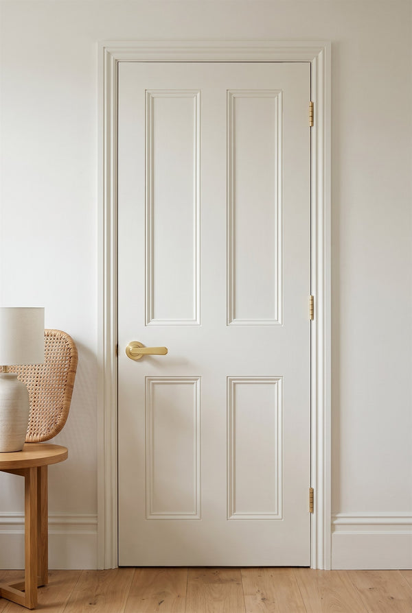 White four panel internal door with a satin brass lever handle