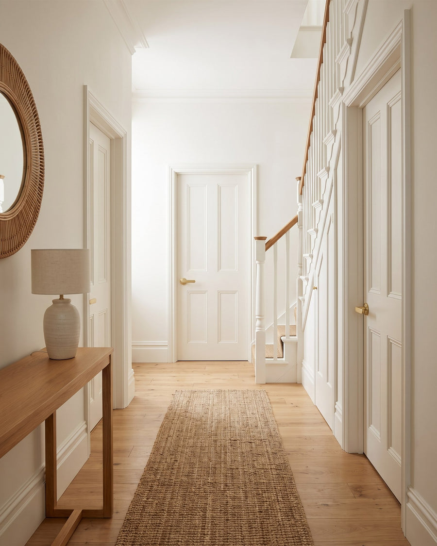Long hallway with warm white four-panel doors, a white staircase, oak boards, a jute runner and an oak console table
