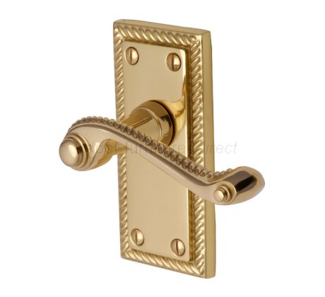 Georgian Polished Brass Rope Edge Short Plate Latch Door Handles