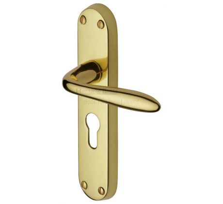 Sutton Shaped Lever Polished Brass 48mm Euro Cylinder Door Handles