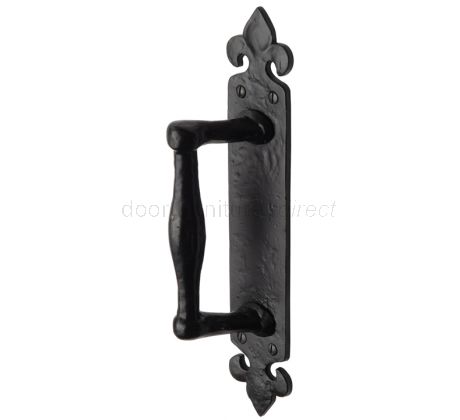 Black Antique Iron Tudor Door Pull Handle on Fleur de Lys Plate 259mm