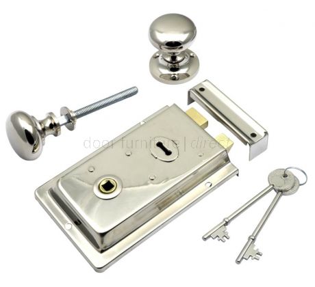 Polished Nickel Rim Lock and Mushroom Rim Knob Set