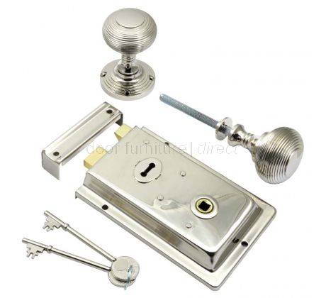 Polished Nickel Rim Lock and Reeded Rim Knob Set