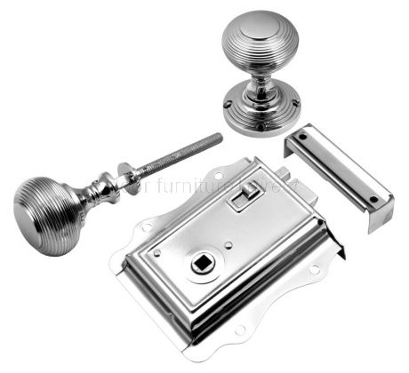 Polished Chrome Fancy Rim Latch and Reeded knobs