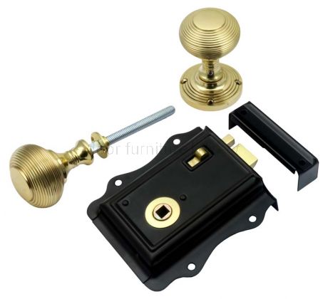 Black Fancy Rim Latch with Reeded Brass Knobs