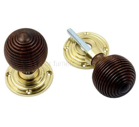 Polished Brass and Rosewood Reeded Door Knobs