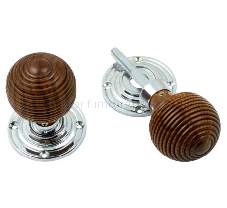 Polished Chrome and Rosewood Reeded Door Knobs