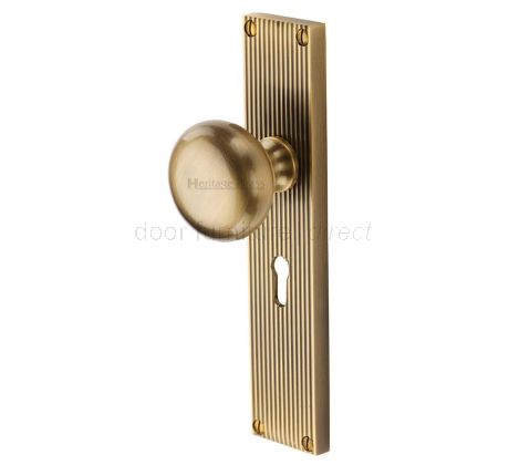 Antique Brass Victoria Knob on Reeded Lock Plate V9200-AT