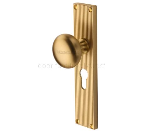 Satin Brass Victoria Mortice Knob on Reeded Euro Plate V9248-SB