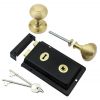 Black Rim Lock and Satin Brass Reeded Rim Knob Set